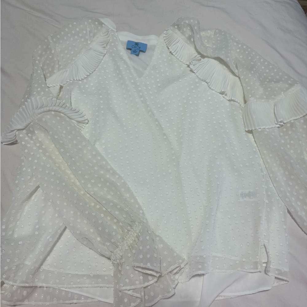 CeCe White Textured Blouse with Ruffle Sleeves
